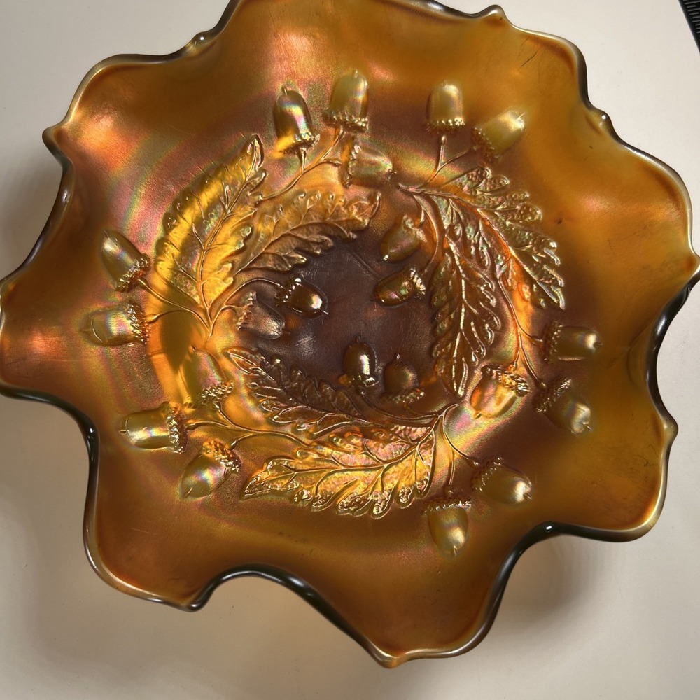 Vintage Fenton Acorn Carnival Glass Bowl Marigold 7.5 inch Footed Pedestal